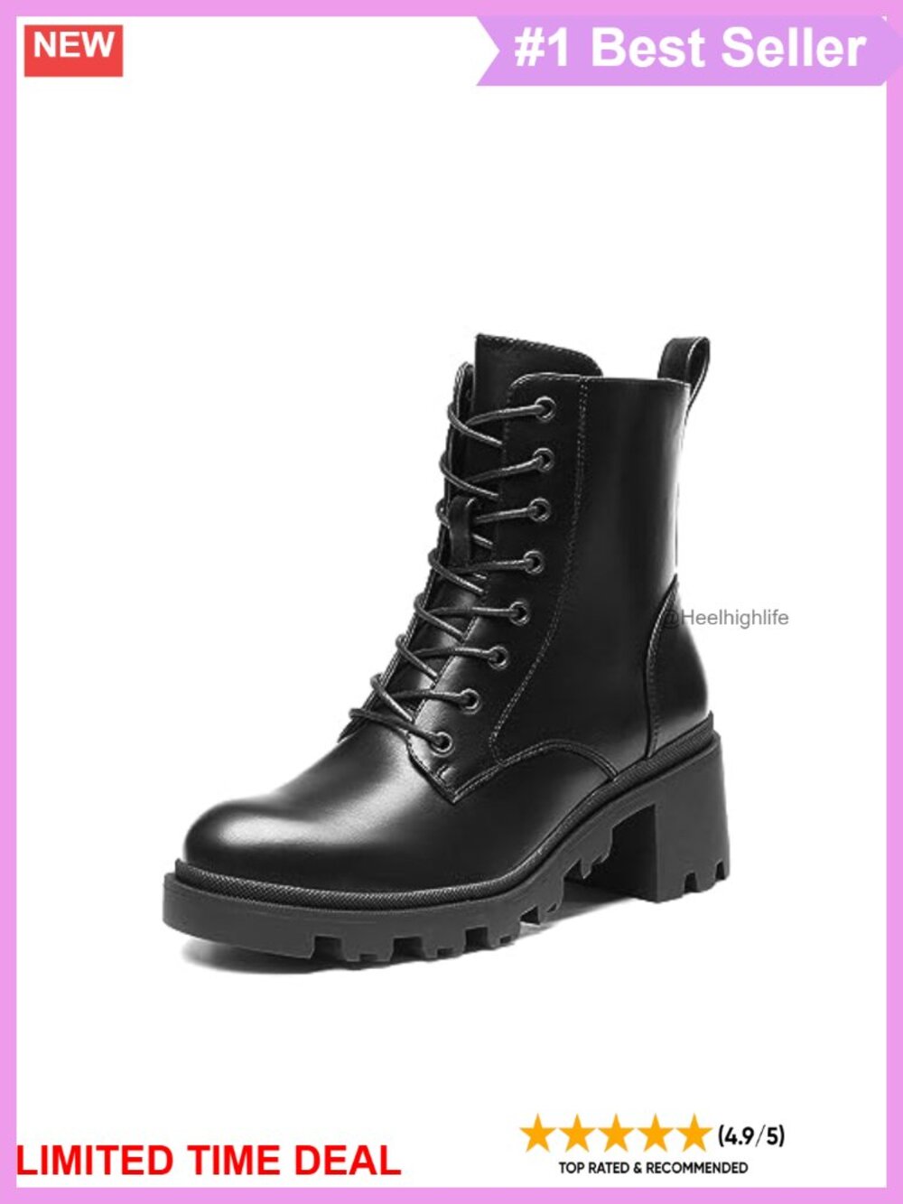 Faux Leather Lace Up Combat Ankle Boots Block Heel
